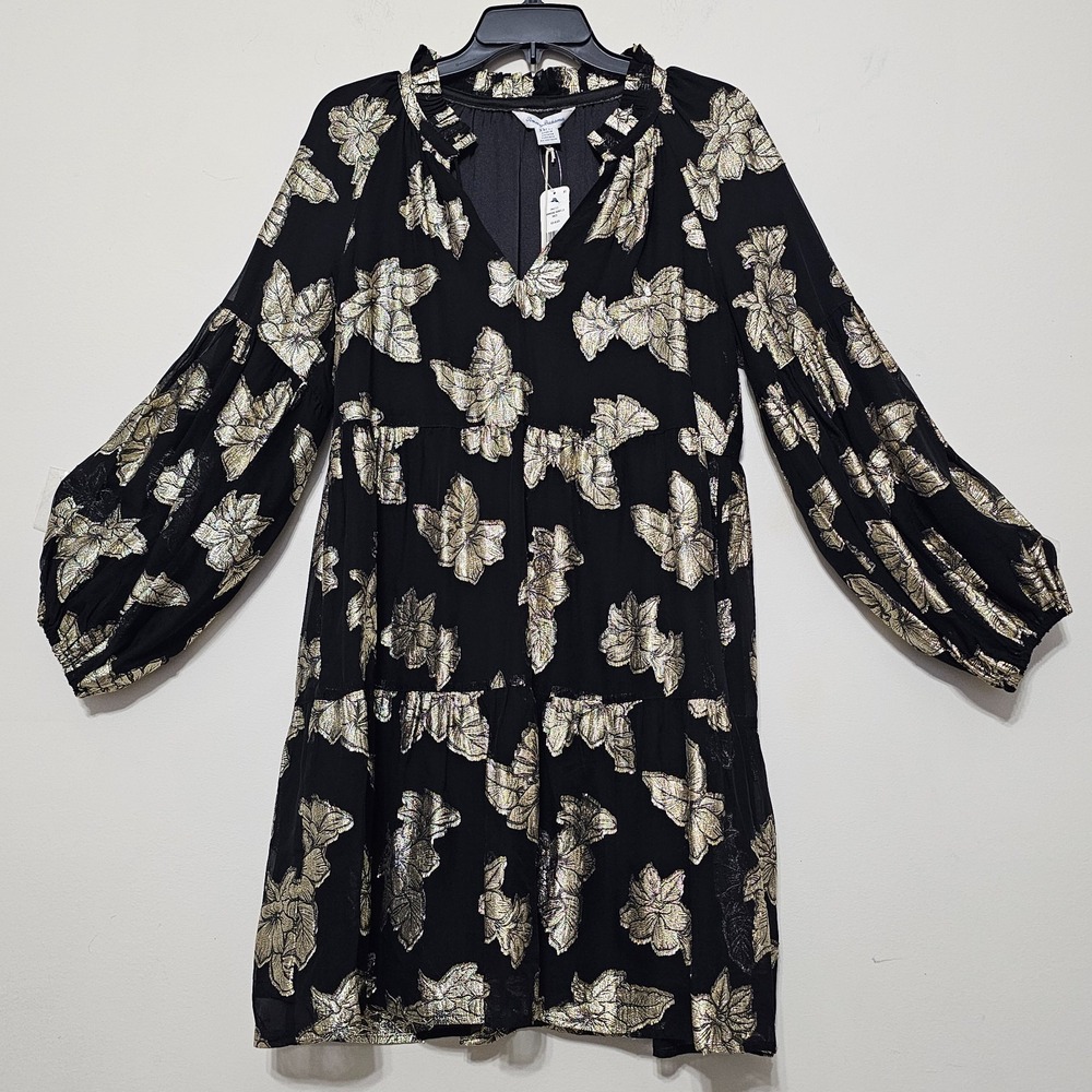 Tommy Bahama Womens Dress Maxi XS Tiered Black Gold Long Sleeves Pockets 0830